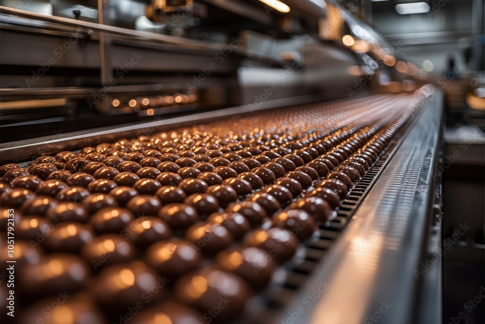 Close-up of Chocolate Balls Moving on a Conveyor Belt in a Factory Close-up of Chocolate Balls Moving on a Conveyor Belt in a Factory