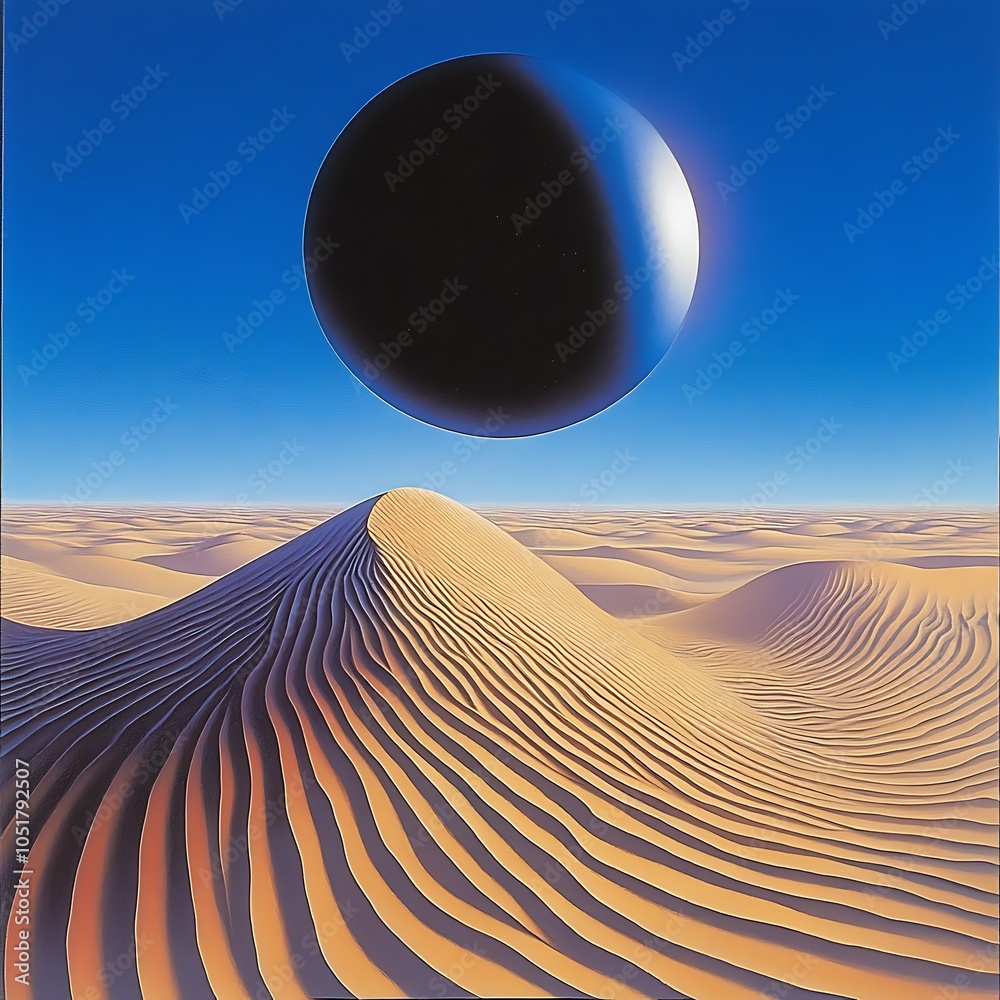 Naklejka premium Abstract Desert Landscape with Black Sphere in Blue Sky.