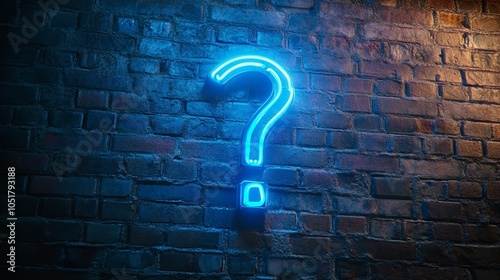 Intriguing neon question mark against a textured brick wall.Mysterious blue question mark sign on a dark brick backdrop.