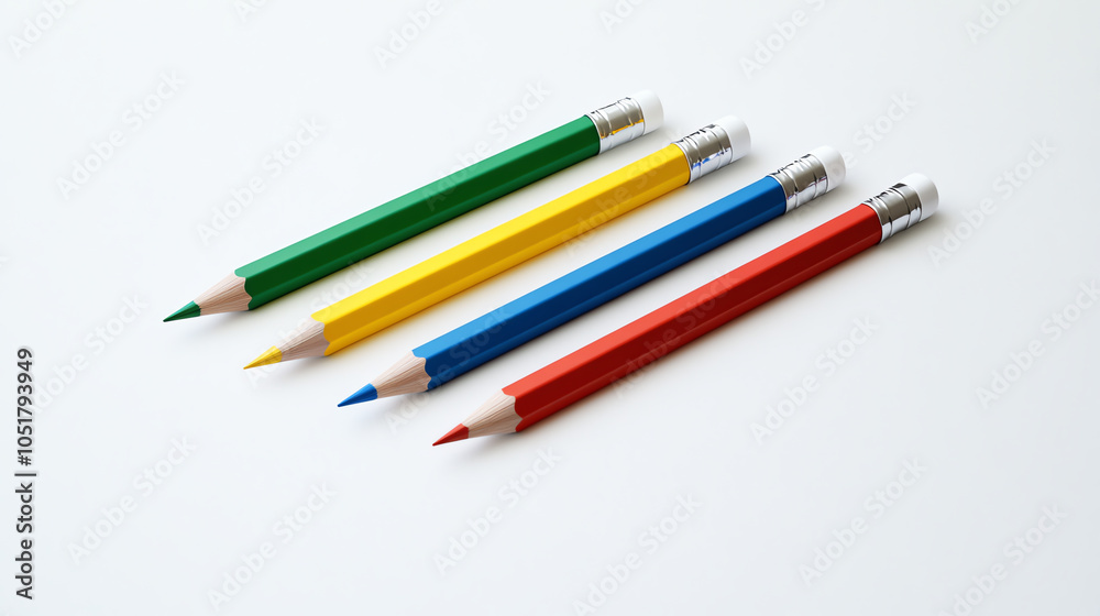 Four Colorful Pencils Aligned on a White Background Four Colorful Pencils Aligned on a White Background