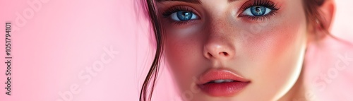 Close-up portrait of a young woman with vibrant blue eyes and natural makeup against a soft pink background, highlighting beauty and femininity.