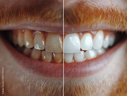 Extreme closeup of a mans teeth, before and after whitening, from coffeestained to bright white enamel, sharp lighting highlighting the texture photo