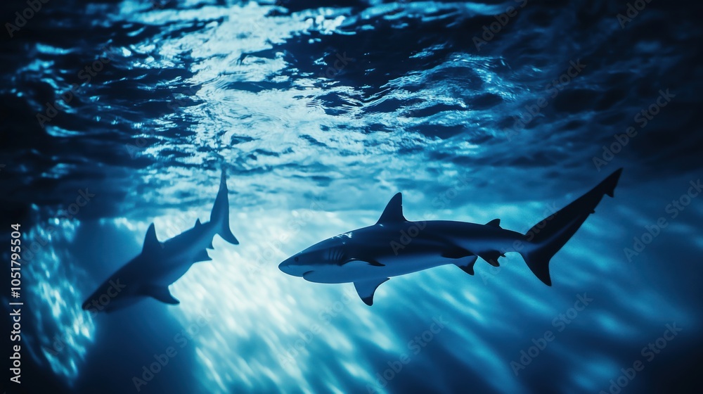 Obraz premium Sharks swimming underwater, blue light reflections, ocean scene