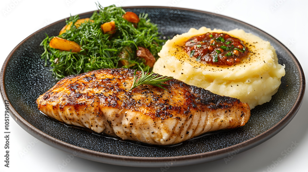 Comforting Baked Mackerel Fillet Paired with Creamy Mashed Potatoes and SautÚed Greens in a Cozy Kitchen Setting Comforting Baked Mackerel Fillet Paired with Creamy Mashed Potatoes and SautÚed Greens in a Cozy Kitchen Setting