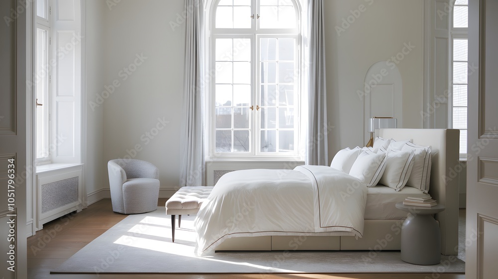 an elegant minimalist bedroom with crisp white bedding, soft gray accents, and natural light. an elegant minimalist bedroom with crisp white bedding, soft gray accents, and natural light.