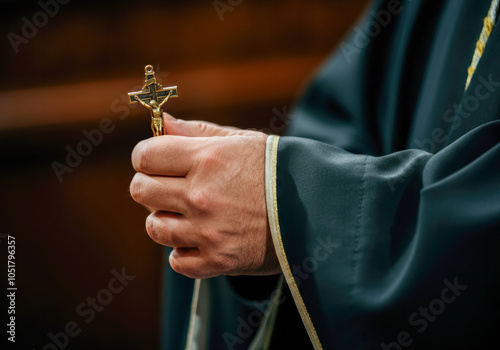 A solemn moment as a clergyman holds a golden crucifix during a religious ceremony in a beautiful sanctuary