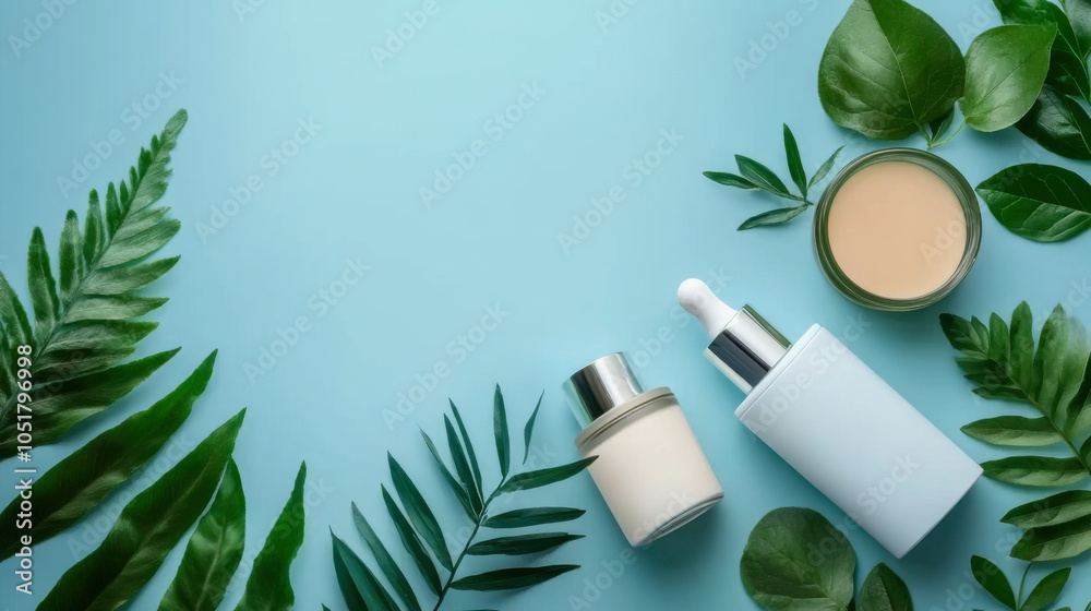 white serum bottles and monstera palm leaves white serum bottles and monstera palm leaves