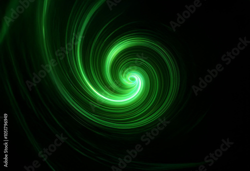 A swirling green light forms a spiral against a black background, with a bright center.