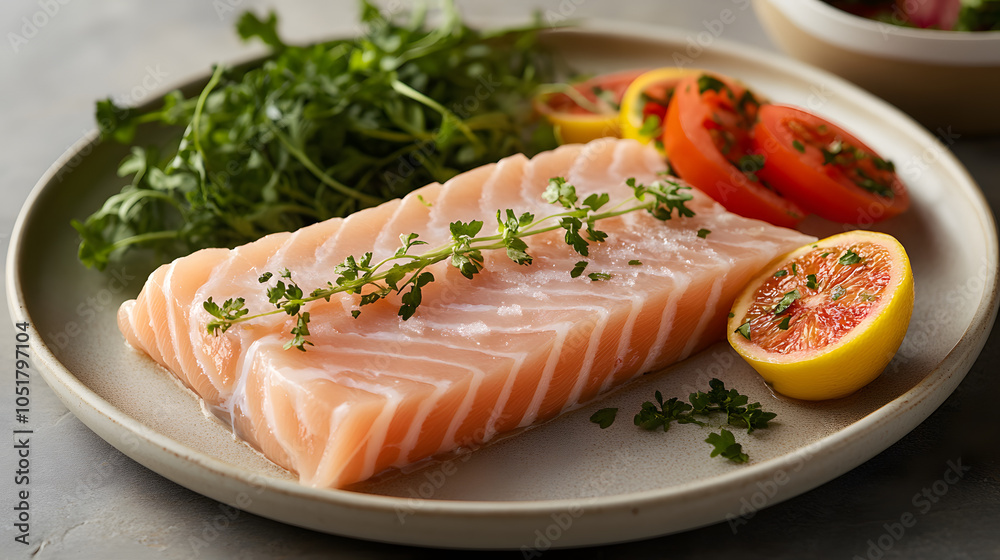 Exquisite Presentation of a Froze Iced Swordfish Fillet Served on a Gourmet Plate Exquisite Presentation of a Froze Iced Swordfish Fillet Served on a Gourmet Plate