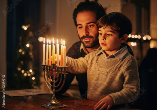 A father and son lighting candles on a menorah together in a warm, cozy home during a festive evening celebration photo