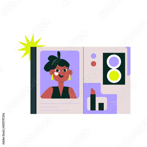 Makeup journal with tutorial elements, flat vector illustration symbolizing beauty routines, cosmetic products, and makeup guides