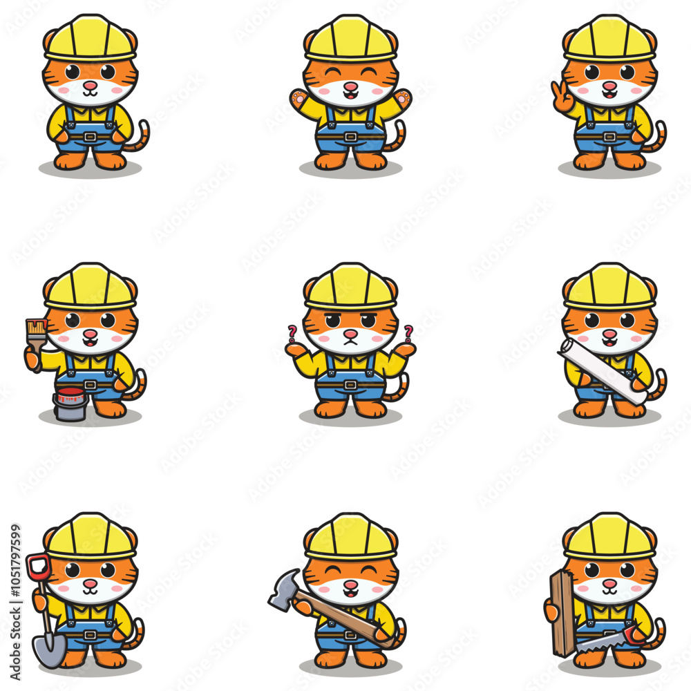 Fototapeta premium Cute Tiger mascot works in construction. Cute Tiger builder cartoon. Animal builders.