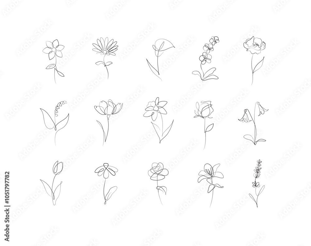 Flowers icons set rose, tulip, bell, camellia, daffodil, daisy, calla, lavender, lily, peony, poppy, wallflower drawing in linear style with black on white background