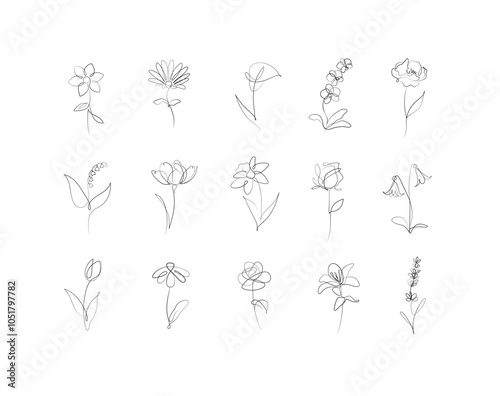 Obraz na płótnie Flowers icons set rose, tulip, bell, camellia, daffodil, daisy, calla, lavender, lily, peony, poppy, wallflower drawing in linear style with black on white background w salonie
