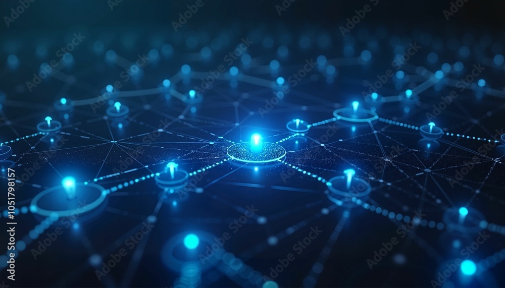 Interconnected network nodes with glowing connections in deep blue Interconnected network nodes with glowing connections in deep blue