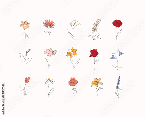 Obraz na płótnie Flowers icons set rose, tulip, bell, camellia, daffodil, daisy, calla, lavender, lily, peony, poppy, wallflower drawing in linear style with black and color on white background w salonie