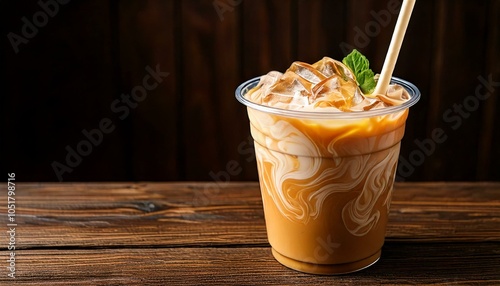 Close-Up of Iced Coffee with Cream Swirls on Rustic Table