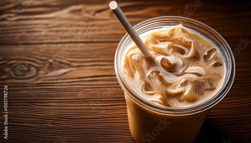 Close-Up of Iced Coffee with Cream Swirls on Rustic Table