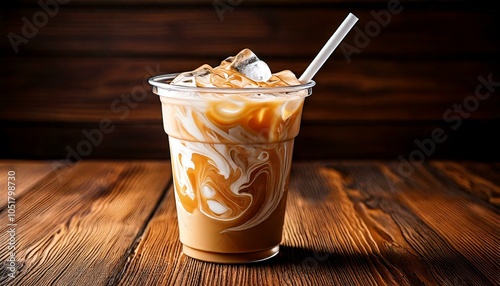 Close-Up of Iced Coffee with Cream Swirls on Rustic Table
