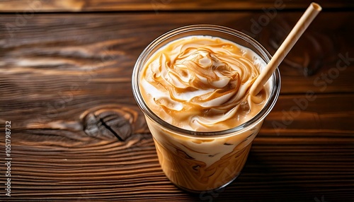 Close-Up of Iced Coffee with Cream Swirls on Rustic Table