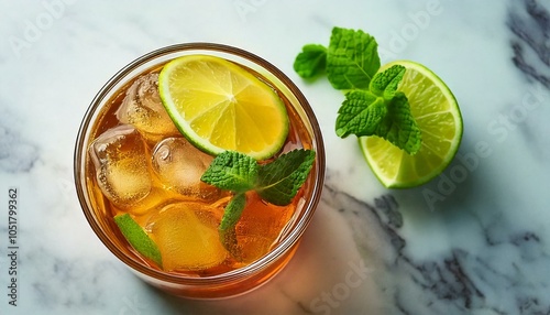 Top View of Vibrant Cocktail with Lime and Mint Garnish on Marble Countertop