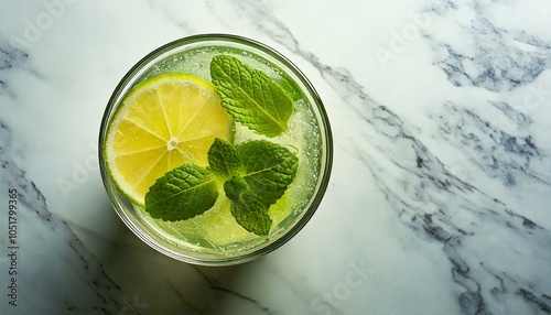 Top View of Vibrant Cocktail with Lime and Mint Garnish on Marble Countertop