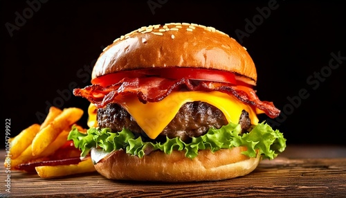 Gourmet Burger with Cheese, Bacon, and Fresh Vegetables on Wooden Board