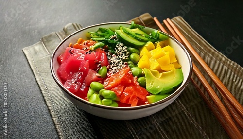 Poke Bowl with Fresh Tuna, Avocado, and Sesame on Colorful Plate photo