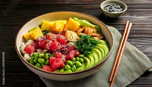 Poke Bowl with Fresh Tuna, Avocado, and Sesame on Colorful Plate photo