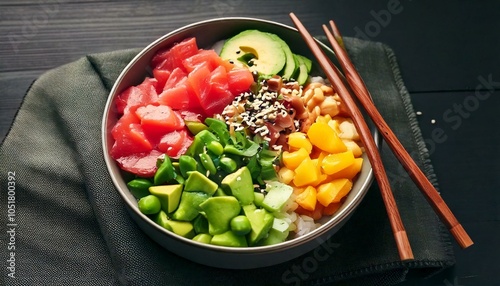 Poke Bowl with Fresh Tuna, Avocado, and Sesame on Colorful Plate