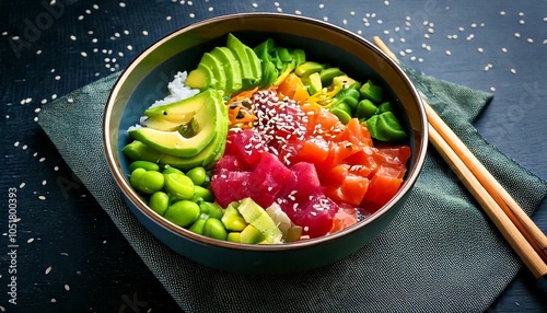 Poke Bowl with Fresh Tuna, Avocado, and Sesame on Colorful Plate