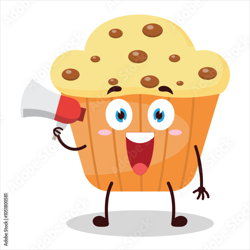 cute happy expression of muffin carry megaphone cartoon character