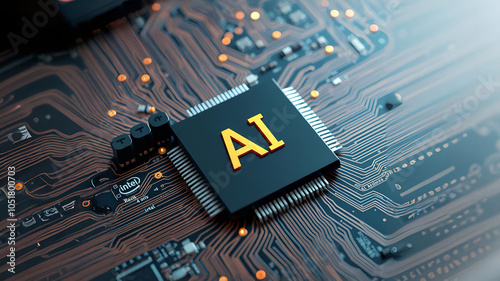 A processor integrated with AI. AI letters on chip. Intel processor connected to motherboard. Artificial intelligence technology on PCB board. Hardware tech conceptual background. Modern Futurism