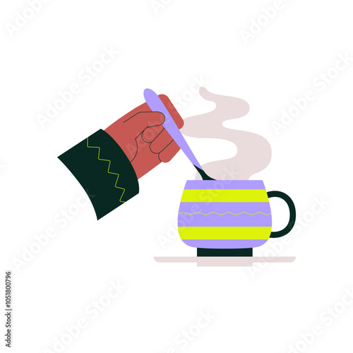 Coffee break with hand stirring a steaming cup, flat vector illustration symbolizing relaxation, hot beverage, and morning routine.