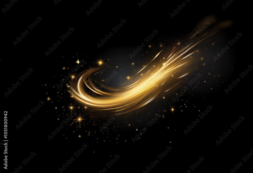 Obraz premium A glowing, golden light streak swirls across a dark background, with scattered sparkles adding to the celestial effect.