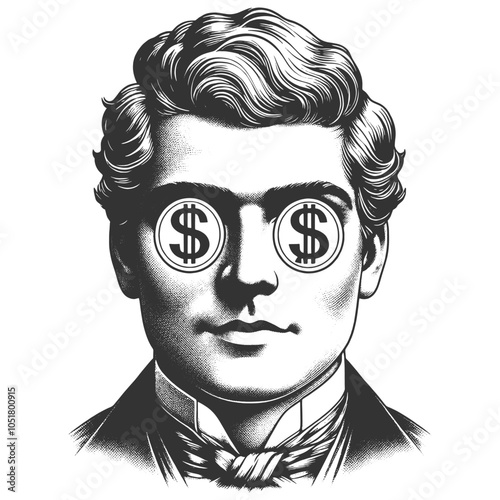 man with excited expression and dollar signs in his eyes, symbolizing greed or financial ambition sketch engraving generative ai vector illustration. Scratch board imitation. Black and white image.