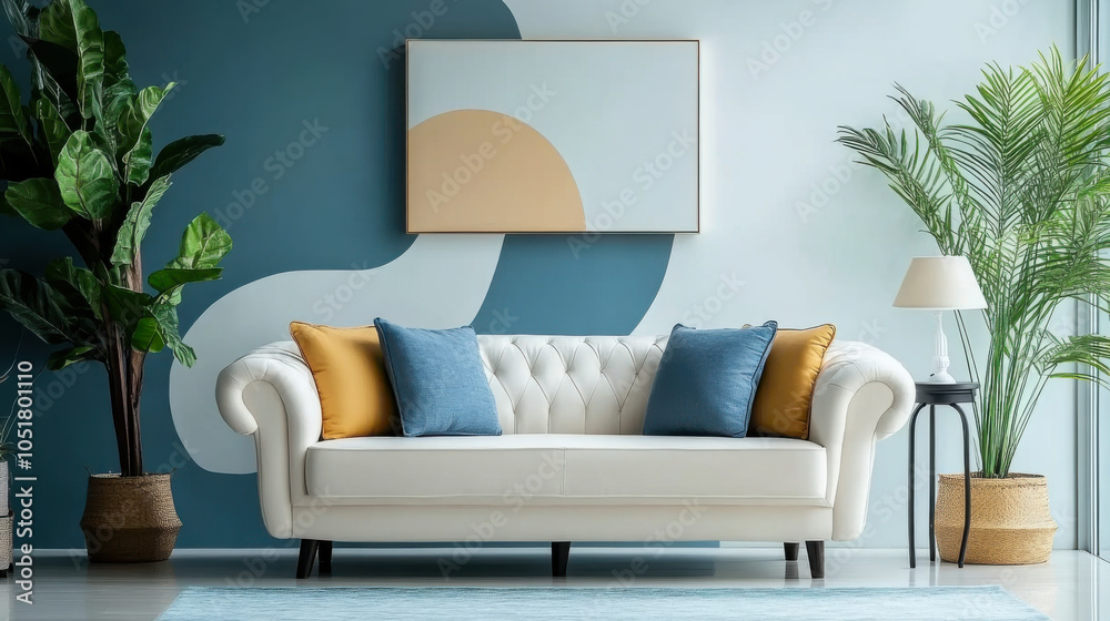 Fototapeta premium Modern living room stylish blue and white sofa vibrant wall art