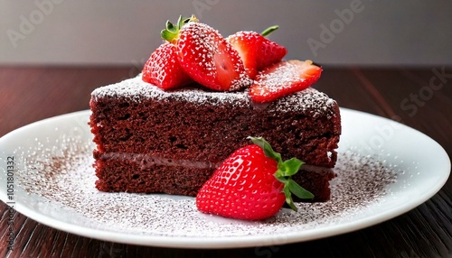 Slice of Chocolate Cake with Strawberries on a White Plate