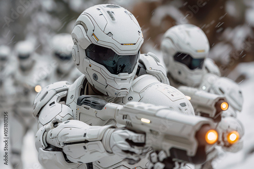 Amidst a snowy landscape, human-like androids unleash synchronized fire from their advanced weaponry, showcasing tactical skill and determination in a gripping firefight photo