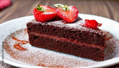 Slice of Chocolate Cake with Strawberries on a White Plate