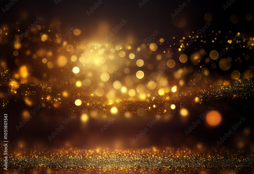Obraz premium A dark background with a layer of shimmering gold glitter and a cluster of out-of-focus glowing orbs.