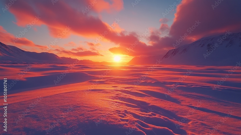 A stunning sunset in the Arctic Circle. The sun has just set, casting long shadows across the snowy landscape. A stunning sunset in the Arctic Circle. The sun has just set, casting long shadows across the snowy landscape.