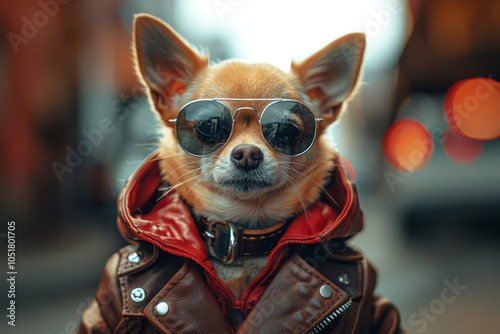 Fototapeta Naklejka Na Ścianę i Meble -  Stylish chihuahua dons a leather jacket and sunglasses, exuding confidence and authority as it confidently navigates the lively streets of a bustling town