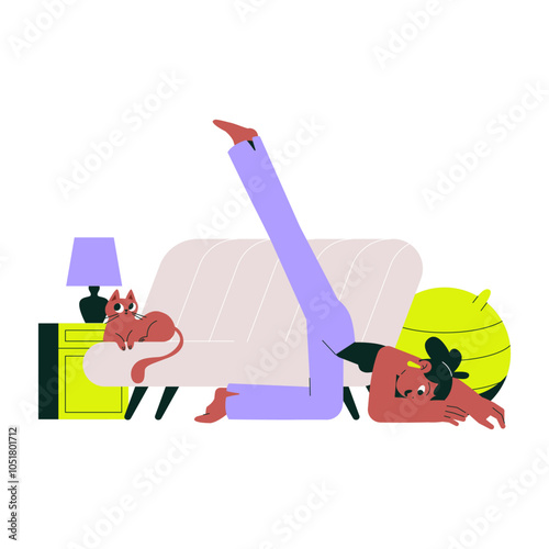 Yoga stretch with woman and her cat on the couch, flat vector illustration symbolizing fitness, relaxation, and mindfulness