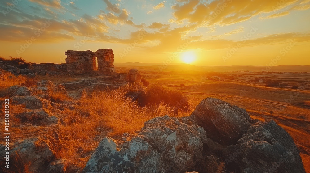 Fototapeta premium A stunning sunset illuminating ancient ruins, with golden light highlighting the weathered rocks.