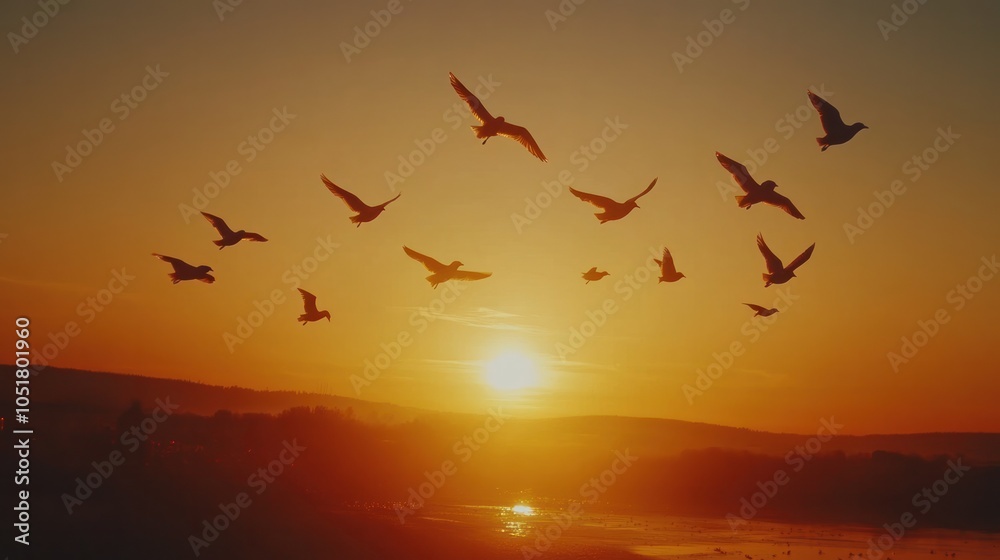 Fototapeta premium A serene sunset with birds flying across the sky, their shadows adding to the peacefulness of the scene.