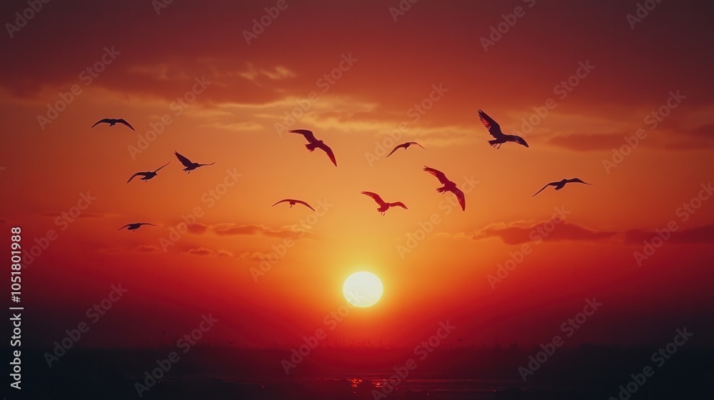 Fototapeta premium A serene sunset with birds flying across the sky, their shadows adding to the peacefulness of the scene.