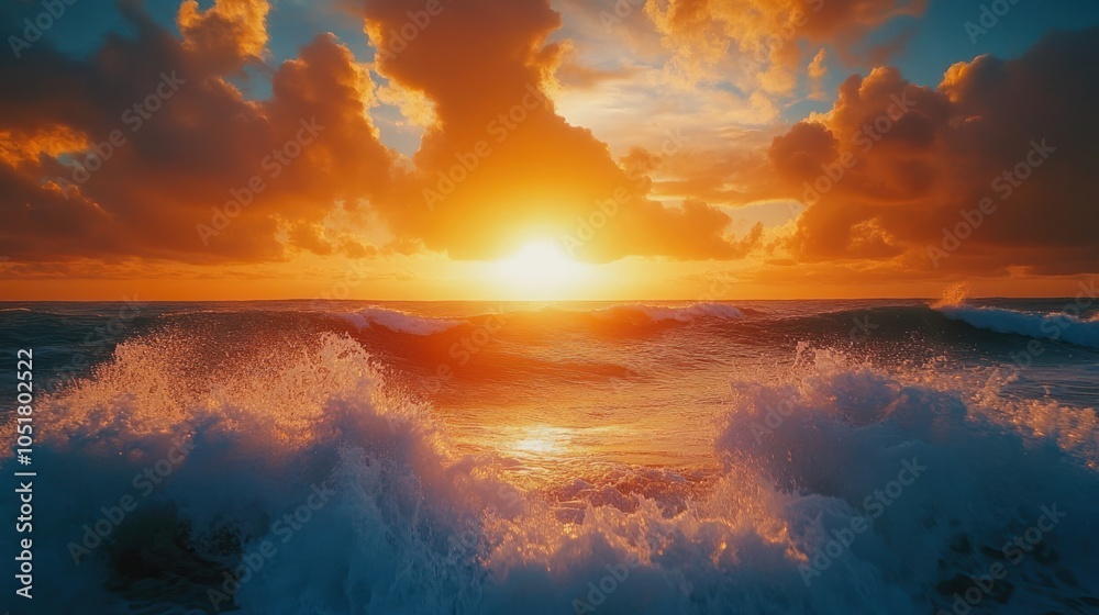 Fototapeta premium A powerful sunset with crashing waves capturing the raw beauty of the ocean.
