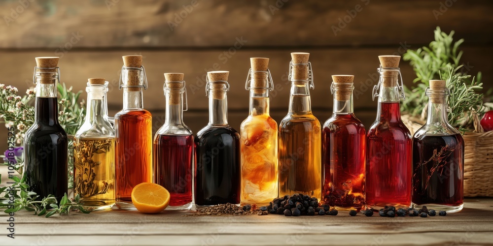 Variety of colorful bottles with infused oils and vinegars, herbs, fruits, spices Variety of colorful bottles with infused oils and vinegars, herbs, fruits, spices