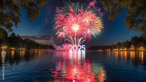 A Serene Lake with Gentle Ripples Reflecting the Joy of Happy New Year 2025 Surrounded by Tranquil Nature and Peaceful Scenery for Holiday Inspiration
